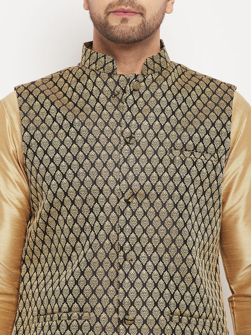 Vastramay Men's Black Ethnic Jacket With Rose Gold Silk Blend Kurta and Pant Style Pyjama Set